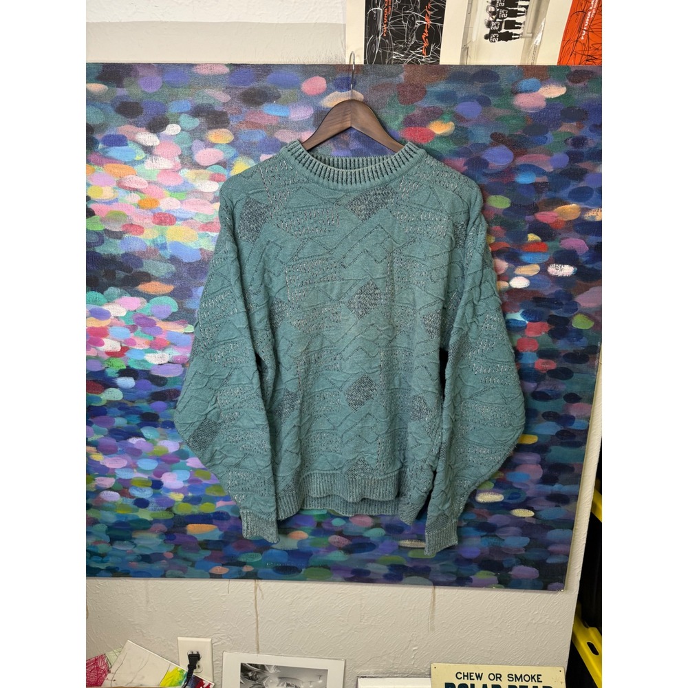 Vintage Ellis Island Mens Large Teal Silver Metallic Geometric Knit Sweater USA